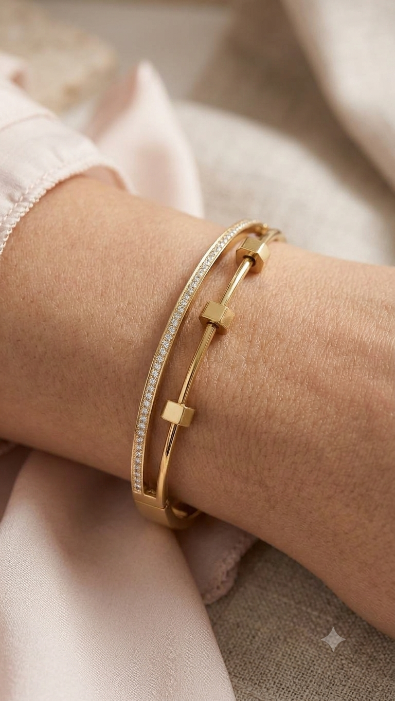 Dual Bar Screw Bangle - Pave & Gold Cube Cuff Kada