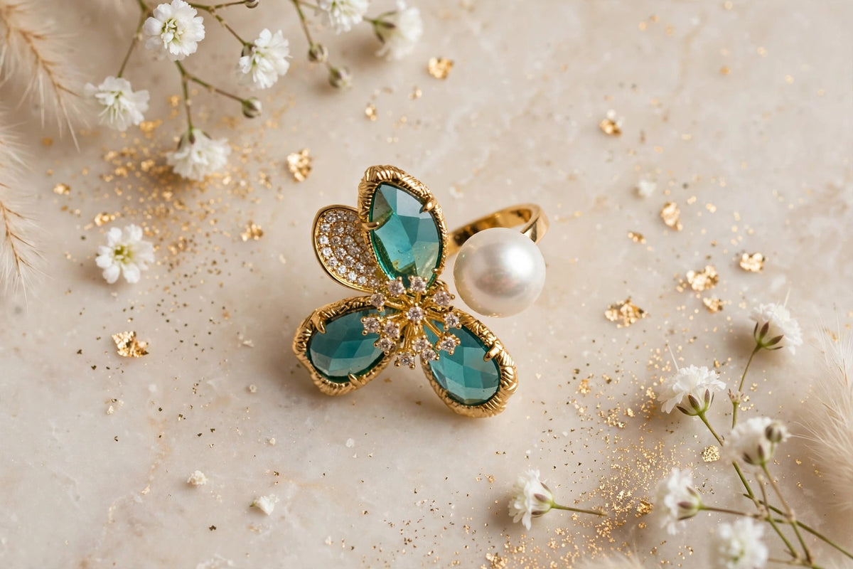 Teal Flora & Pearl Duo Ring