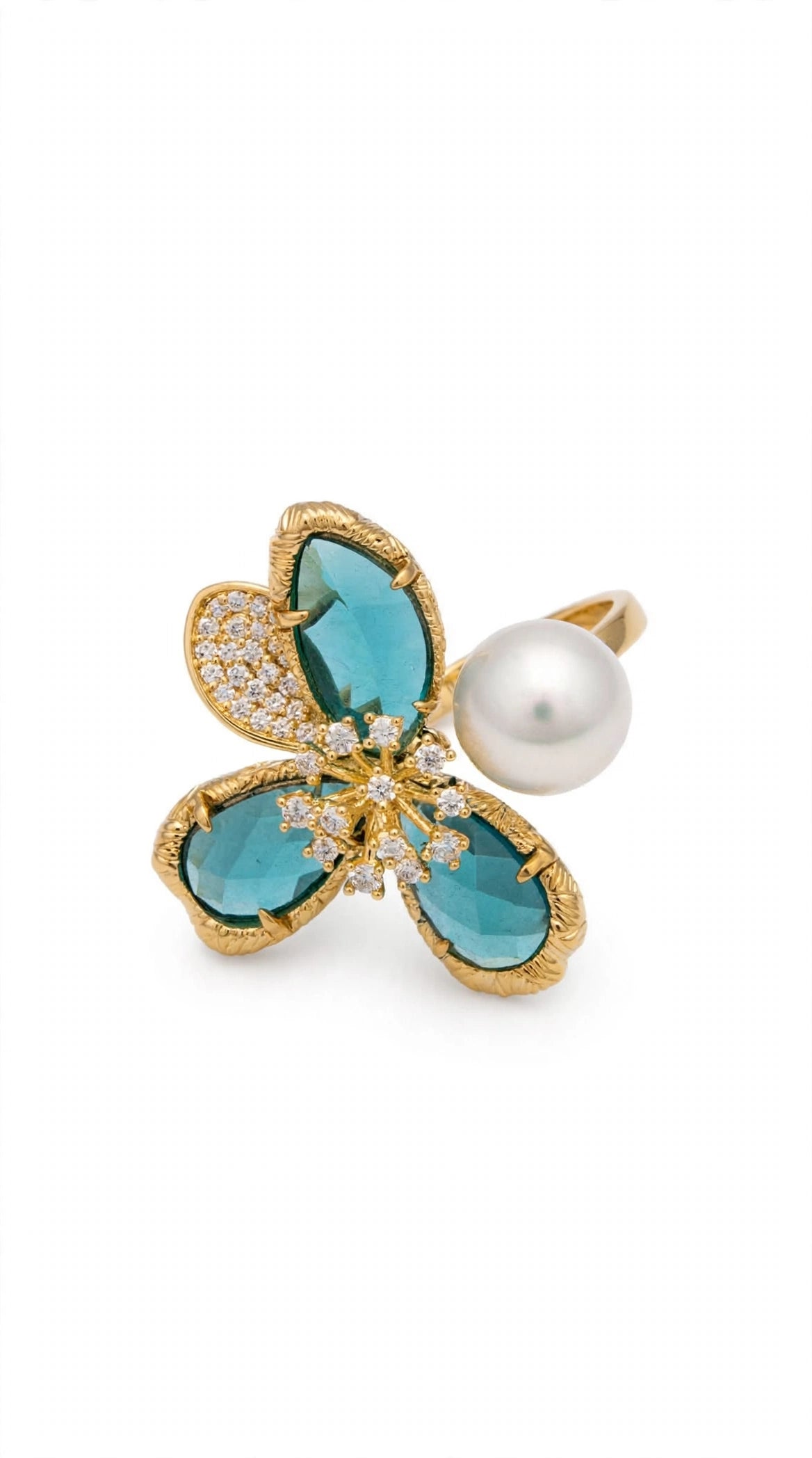 Teal Flora & Pearl Duo Ring