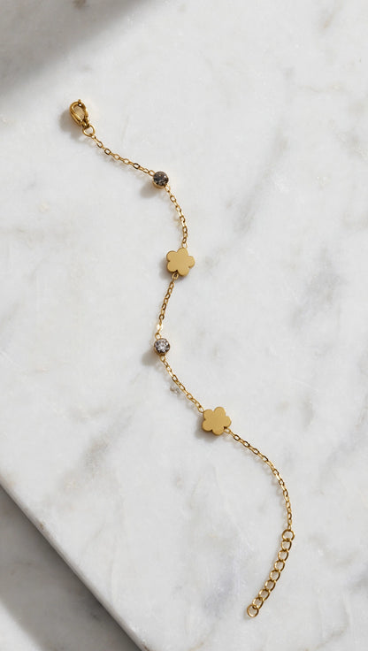 Gold Clovers with Zircon Station Chain Bracelet