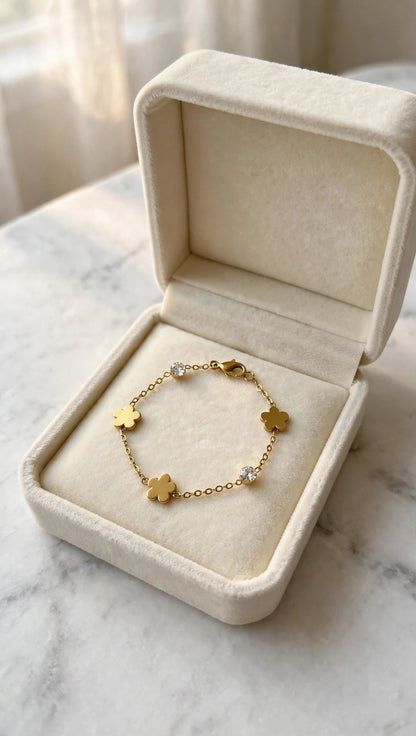 Gold Clovers with Zircon Station Chain Bracelet