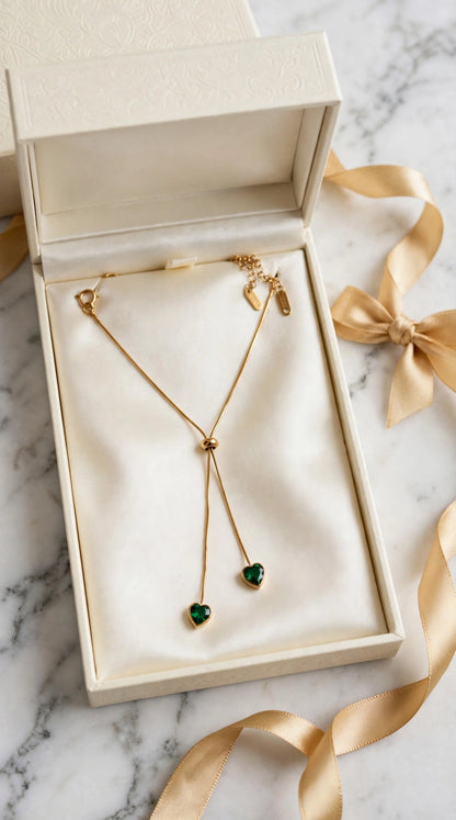 Emerald Double Heart Tie Necklace