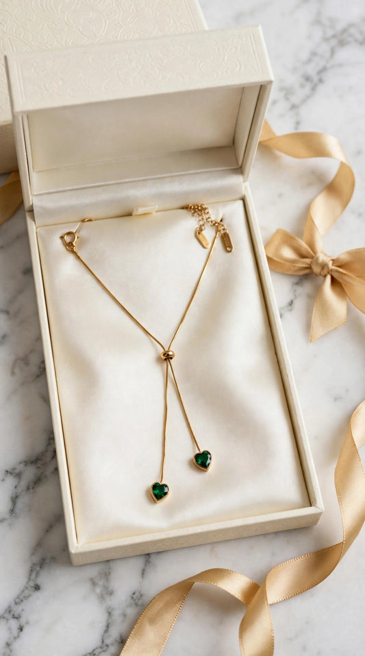 Emerald Double Heart Tie Necklace