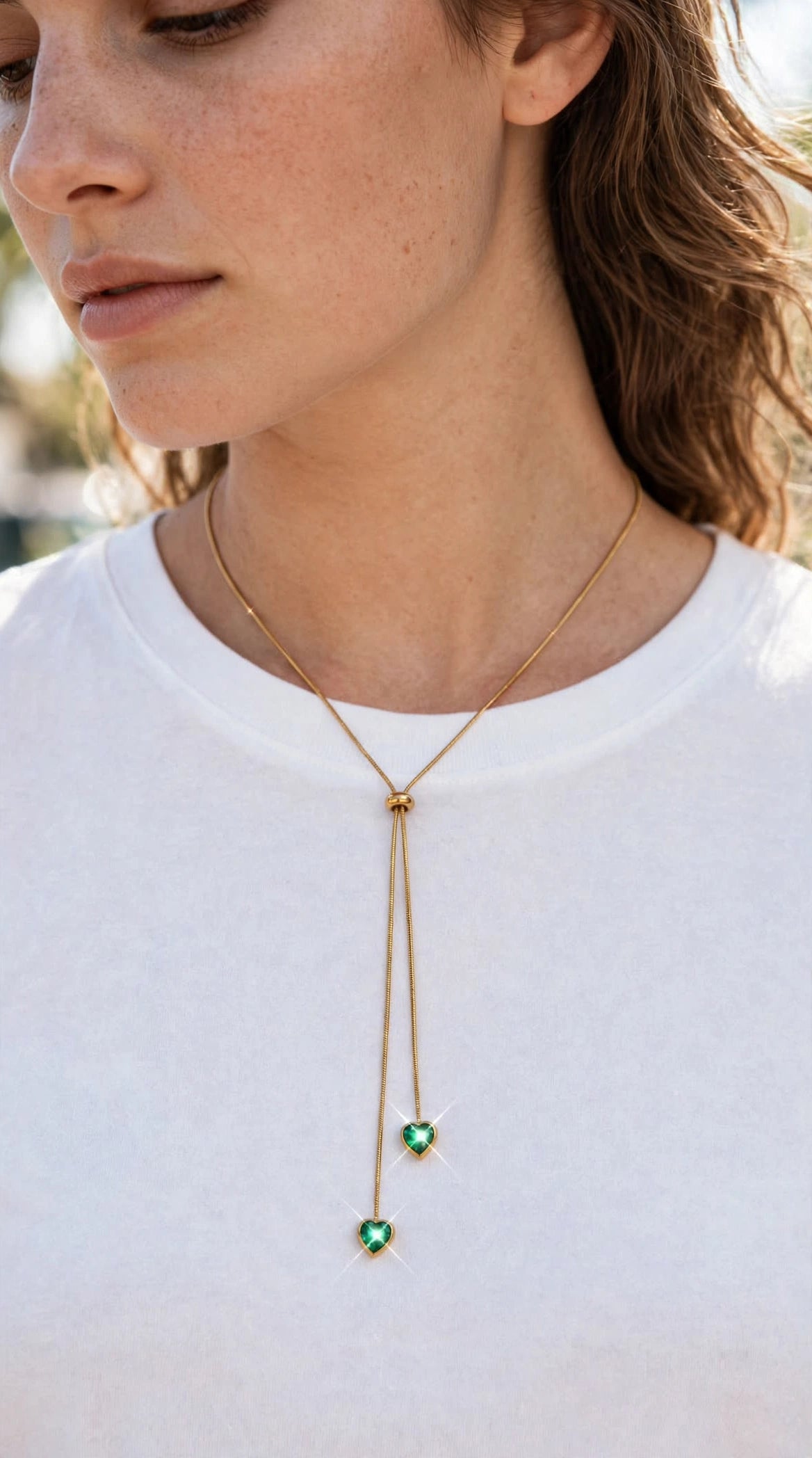Emerald Double Heart Tie Necklace
