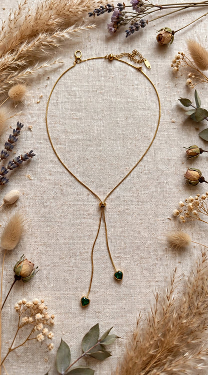 Emerald Double Heart Tie Necklace