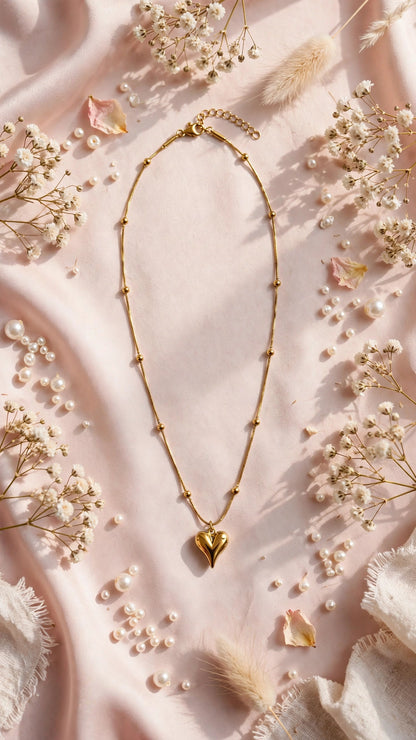 Gold Puffed Heart Bead Necklace