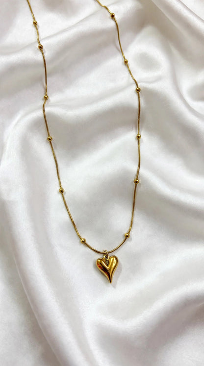 Gold Puffed Heart Bead Necklace