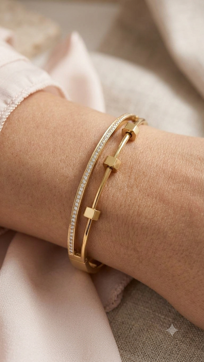 Dual Bar Screw Bangle - Pave & Gold Cube Cuff Kada