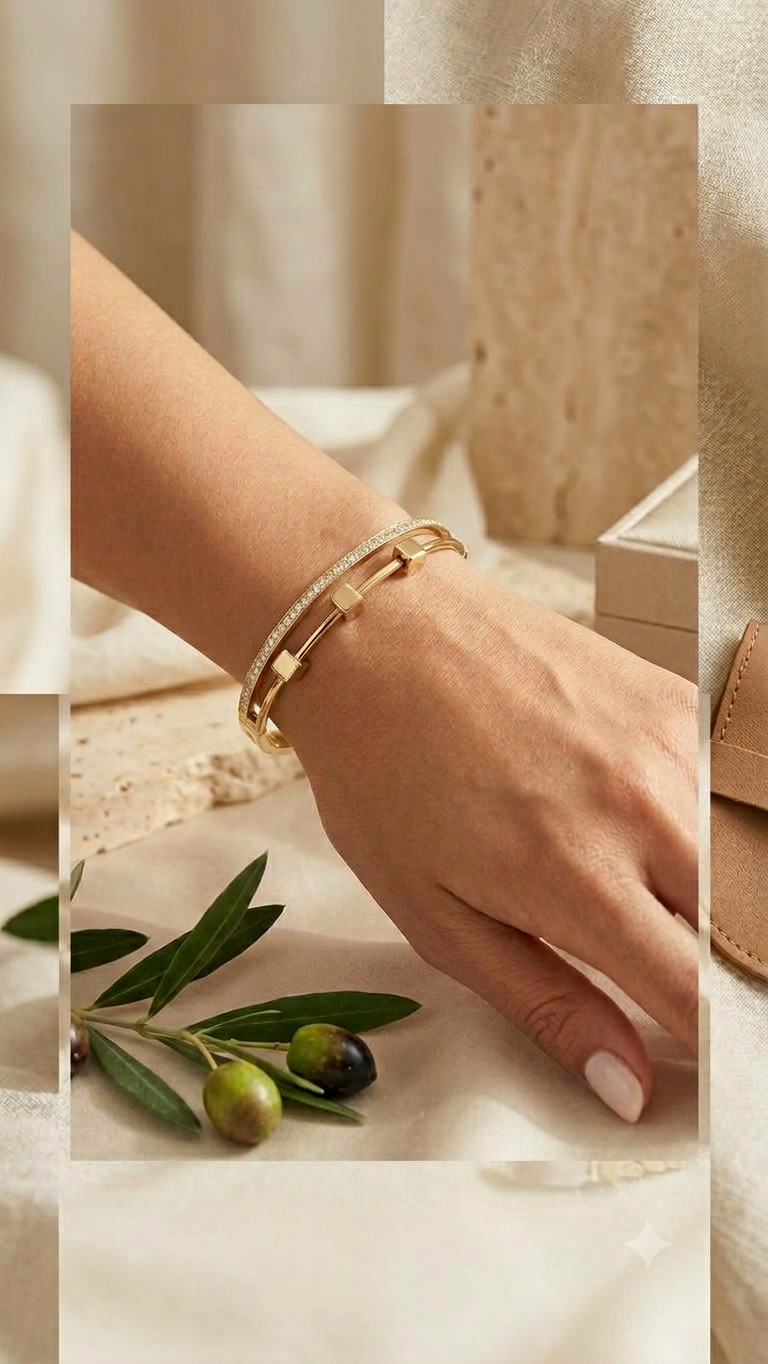 Dual Bar Screw Bangle - Pave & Gold Cube Cuff Kada