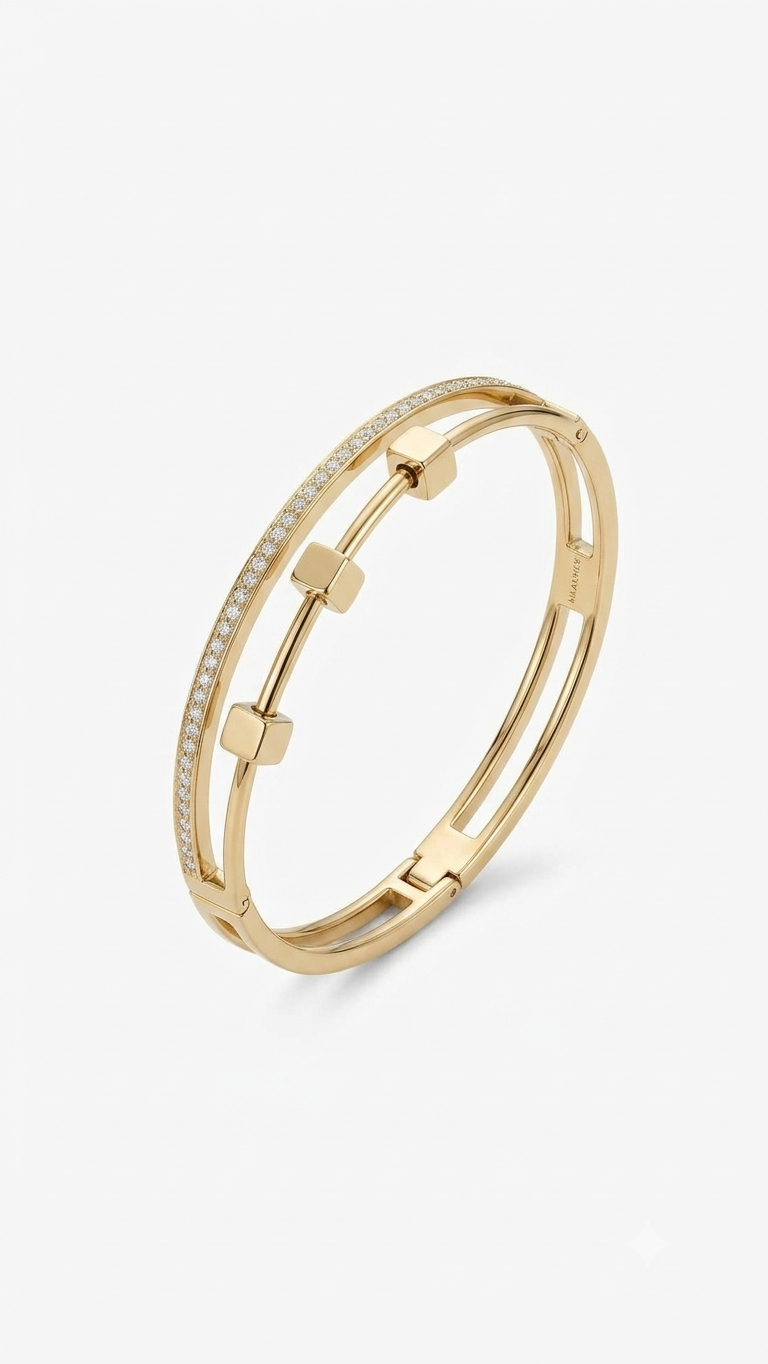 Dual Bar Screw Bangle - Pave & Gold Cube Cuff Kada