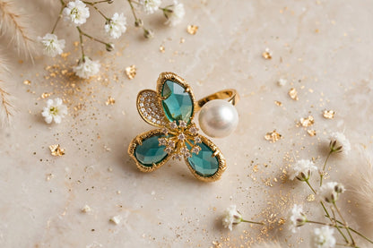 Teal Flora & Pearl Duo Ring