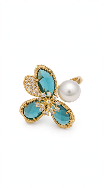 Teal Flora & Pearl Duo Ring