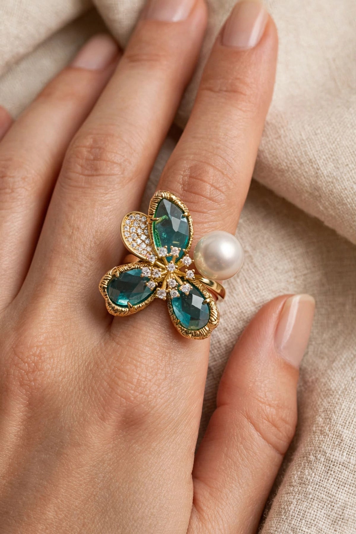 Teal Flora & Pearl Duo Ring